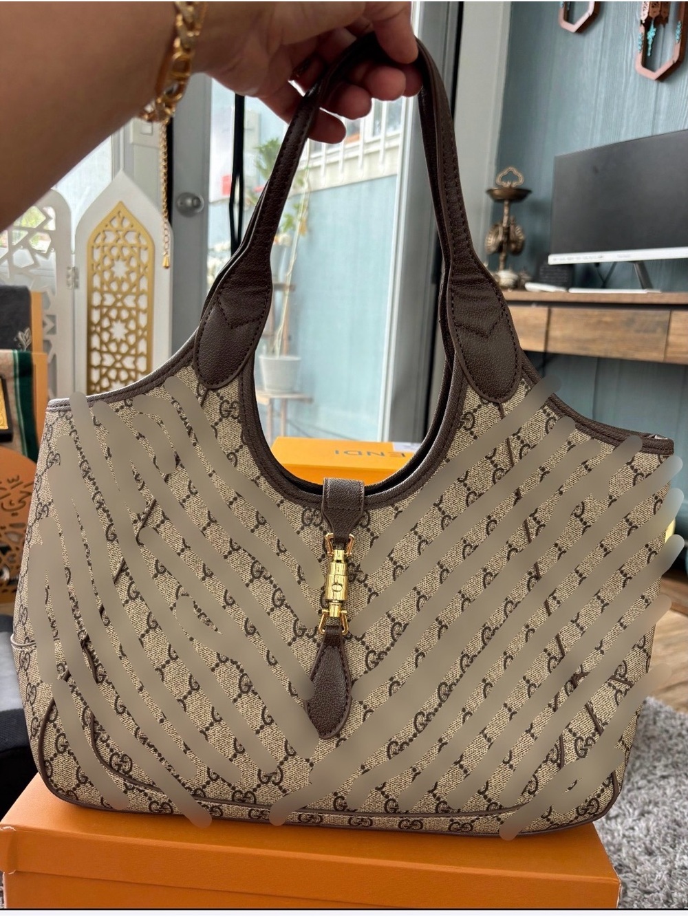 Classic Brown Monogram Tote Bag with Gold Hardware